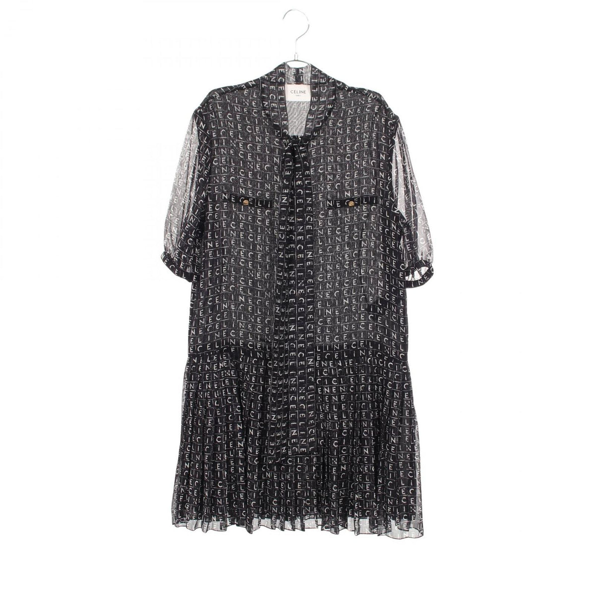 Celine Dress Triomphe Button All Over Pattern Pleats with Bow Tie Silk