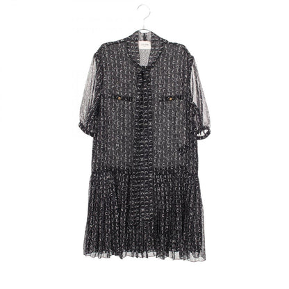 Celine Dress Triomphe Button All Over Pattern Pleats with Bow Tie Silk