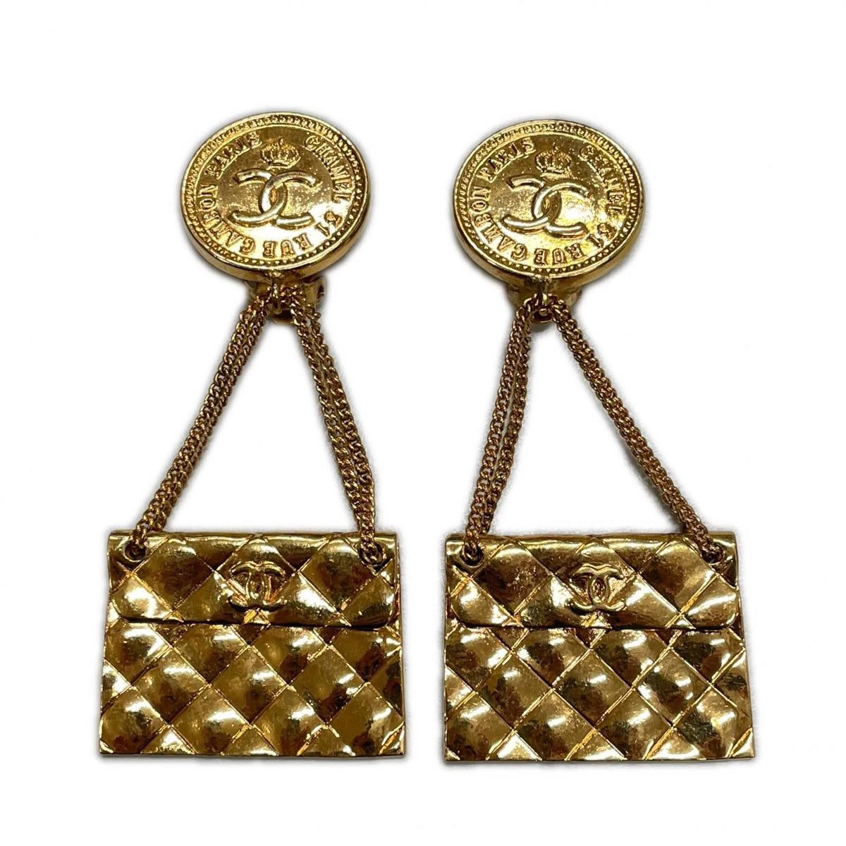 Chanel CC Logo Quilted Coin & Bag Motif Earrings 31 Rue Cambon Gold — view 2