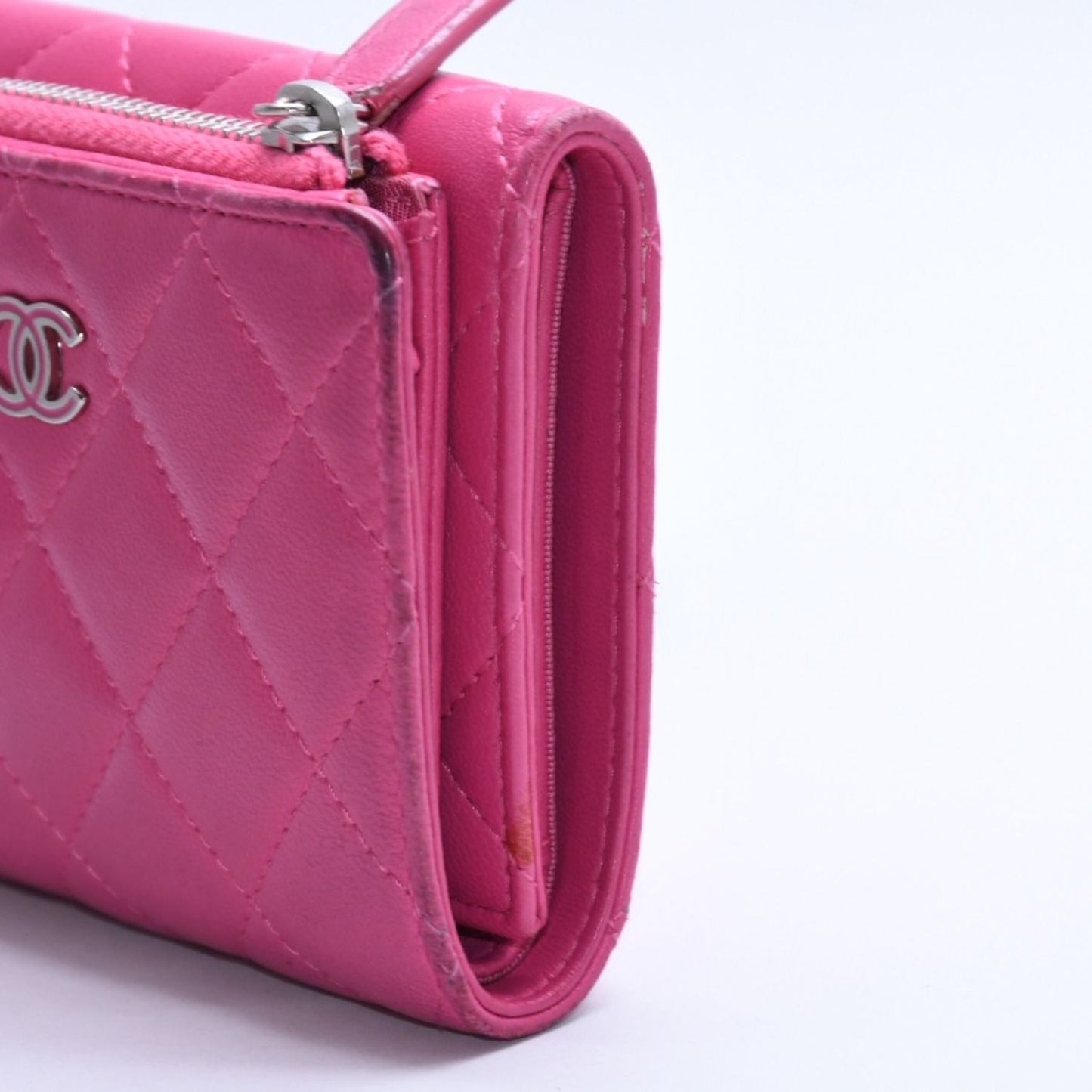 Chanel Quilted Compact Wallet Trifold Lambskin Pink Silver — view 5