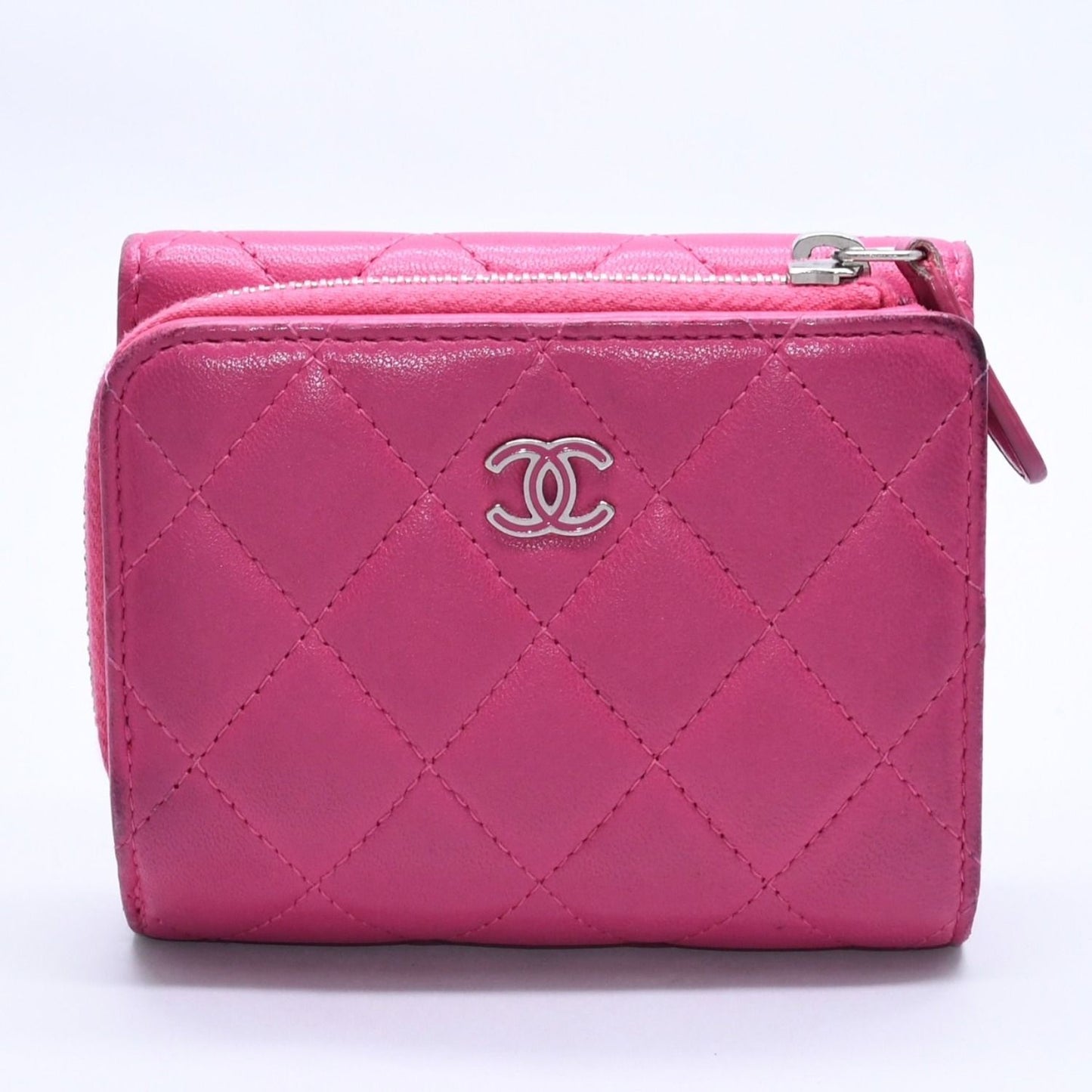 Chanel Quilted Compact Wallet Trifold Lambskin Pink Silver