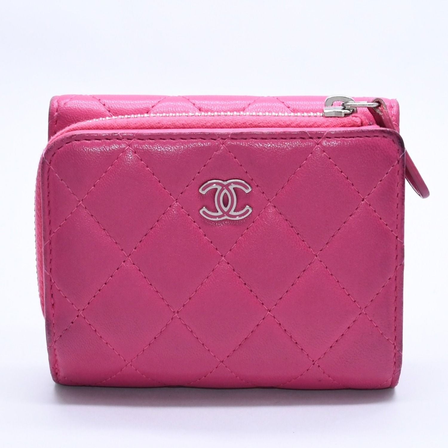 Chanel Quilted Compact Wallet Trifold Lambskin Pink Silver