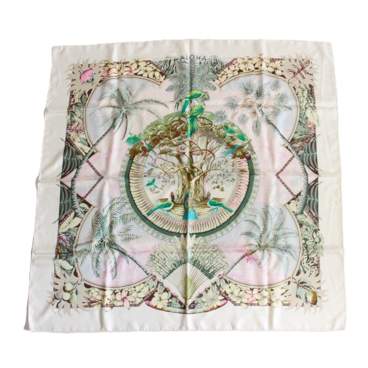 Hermes Carre 90 Scarf Aloha 100% Silk White Pawn