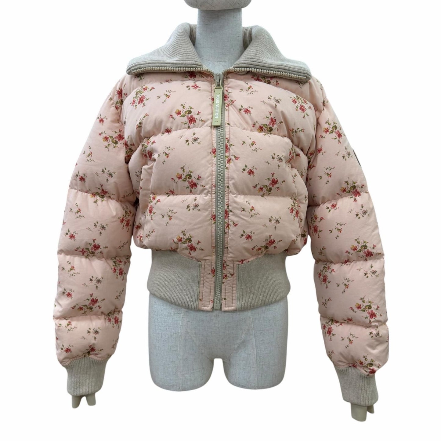 Louis Vuitton Floral Print Lining Monogram LV Leather Patch Down Jacket Pink 34