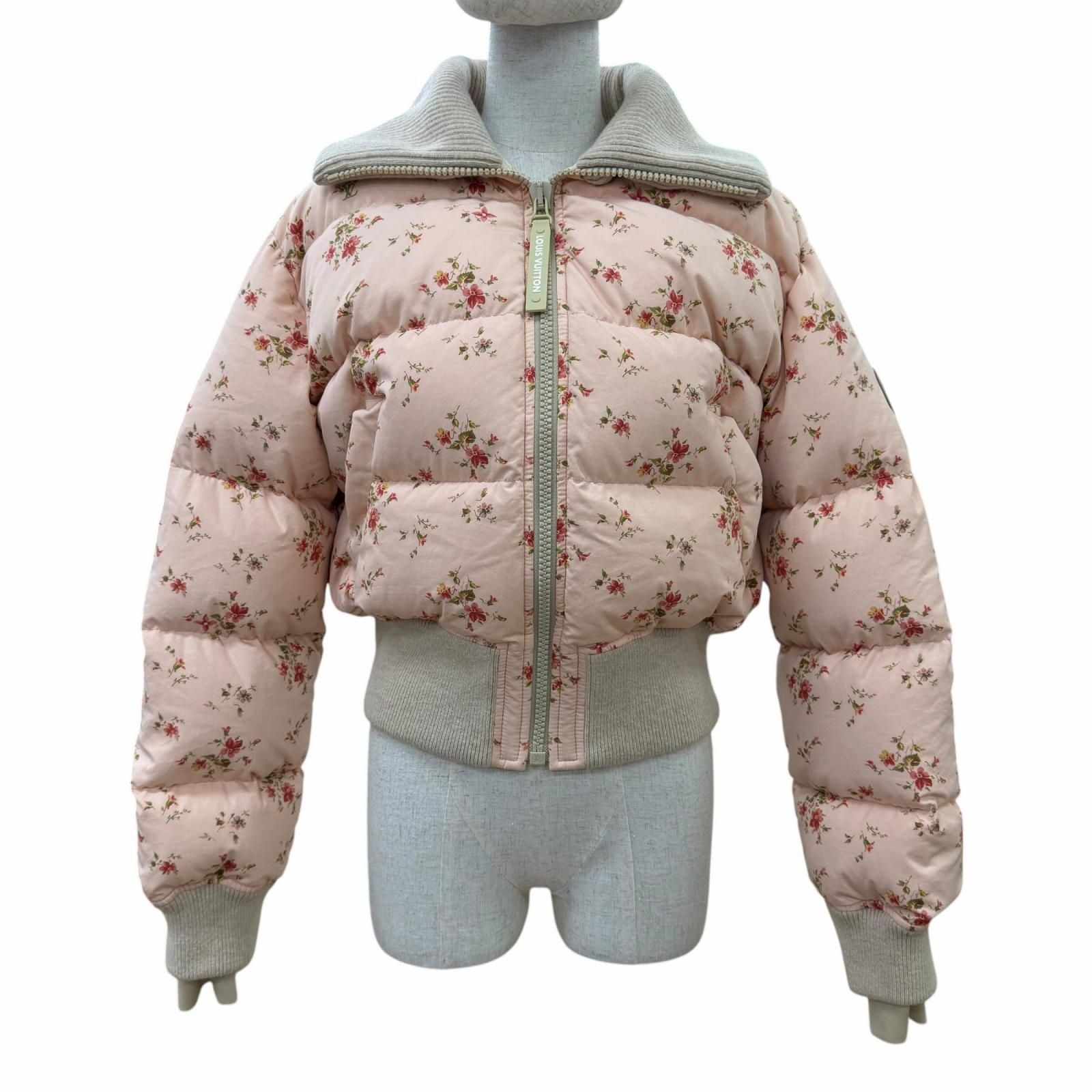 Louis Vuitton Floral Print Lining Monogram LV Leather Patch Down Jacket Pink 34