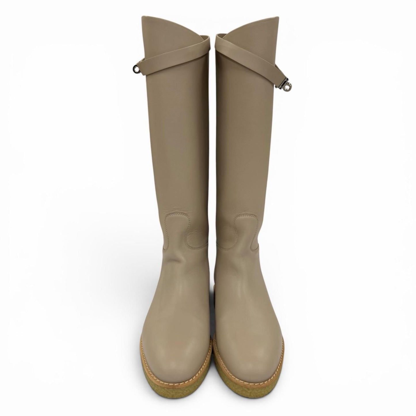 Hermes Foustin Silver Kelly Buckle Leather Long Boots Light Beige — view 4