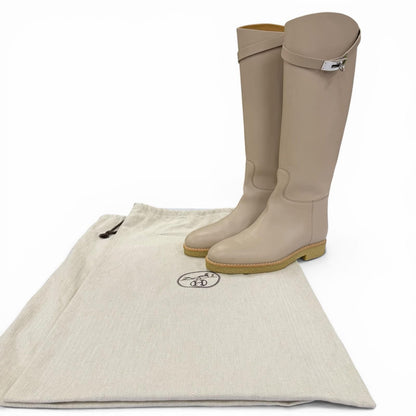 Hermes Foustin Silver Kelly Buckle Leather Long Boots Light Beige — view 2