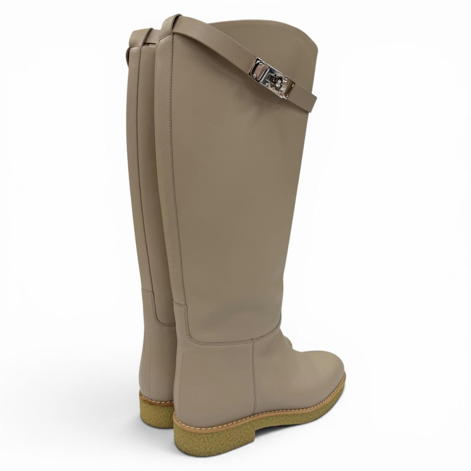 Hermes Foustin Silver Kelly Buckle Leather Long Boots Light Beige — view 3