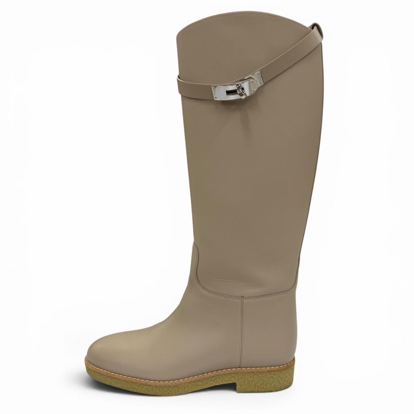 Hermes Foustin Silver Kelly Buckle Leather Long Boots Light Beige — view 5