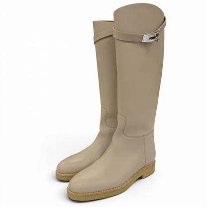 Hermes Foustin Silver Kelly Buckle Leather Long Boots Light Beige