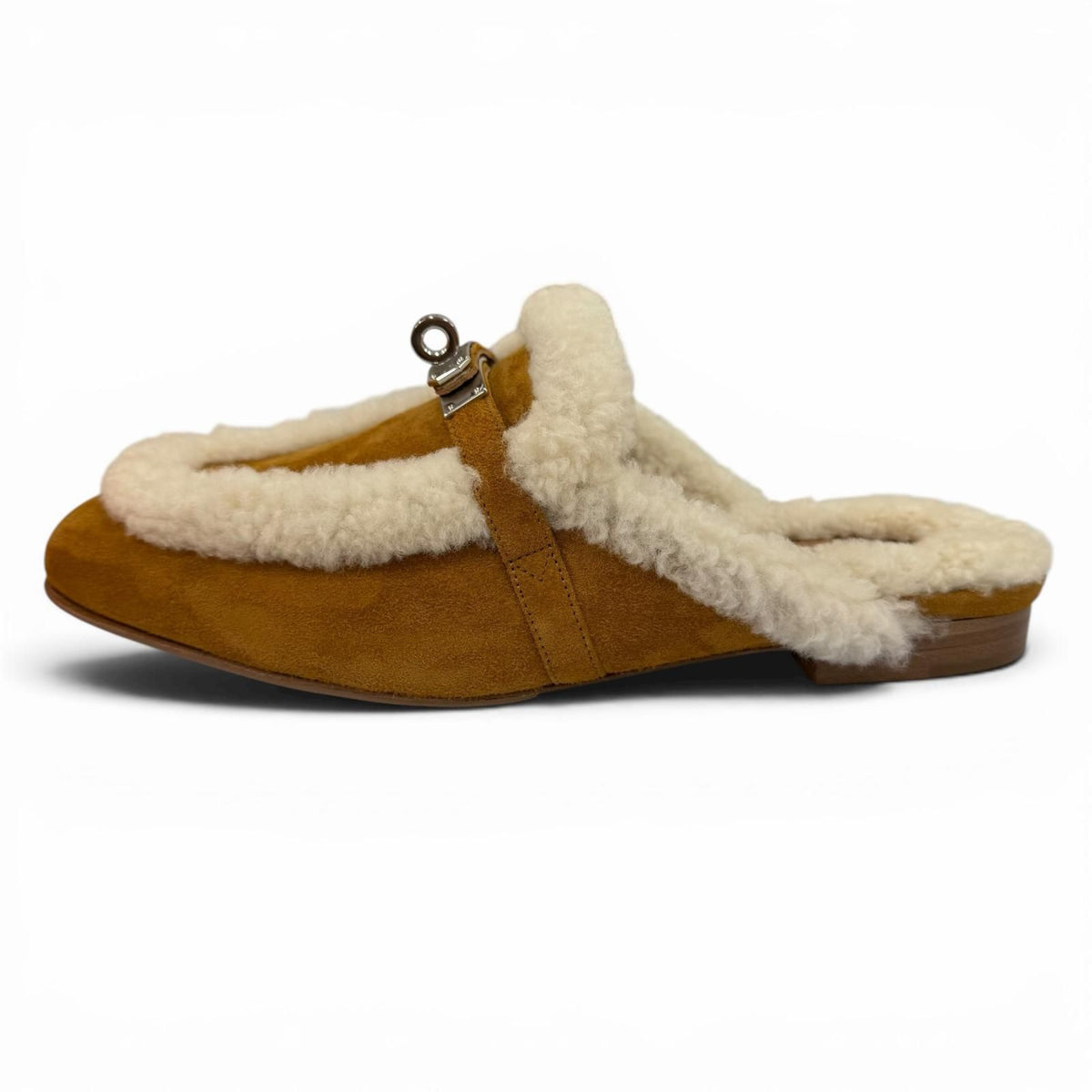 Hermes Oz Sheepskin Silver Kelly Buckle Shearling Mules Brown Box 37.5 — view 5