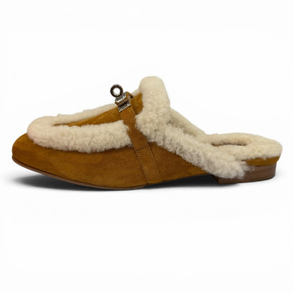 Hermes Oz Sheepskin Silver Kelly Buckle Shearling Mules Brown Box 37.5 — view 5