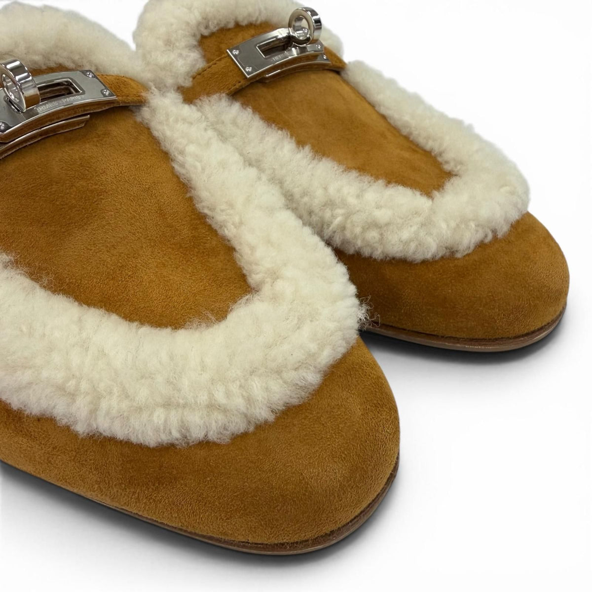 Hermes Oz Sheepskin Silver Kelly Buckle Shearling Mules Brown Box 37.5 — view 8