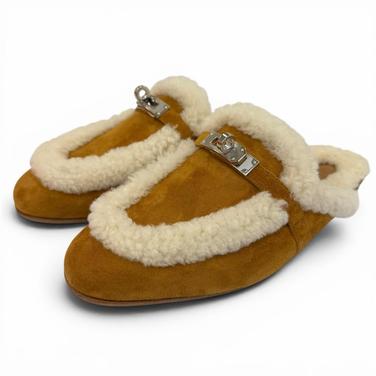 Hermes Oz Sheepskin Silver Kelly Buckle Shearling Mules Brown Box 37.5