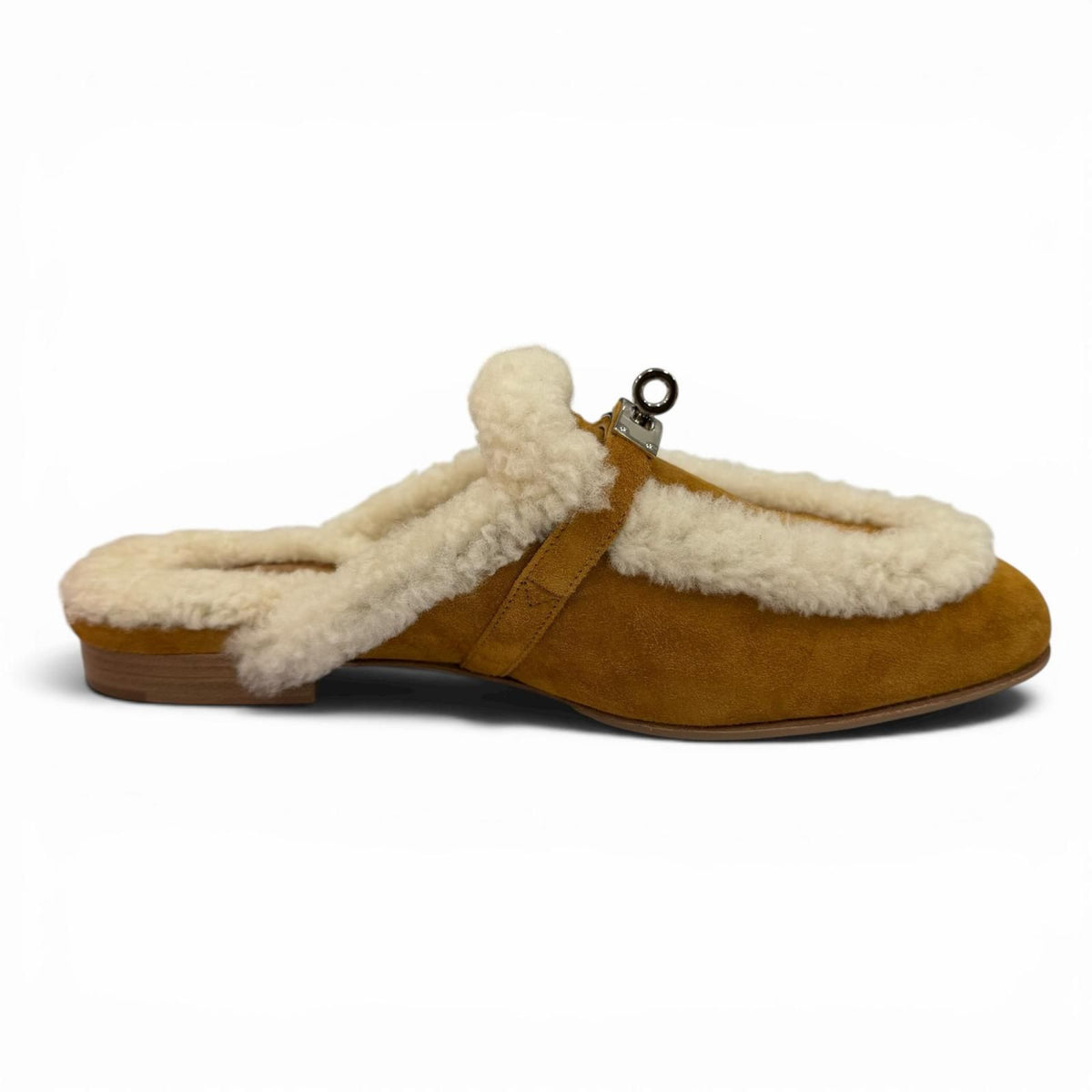Hermes Oz Sheepskin Silver Kelly Buckle Shearling Mules Brown Box 37.5 — view 6