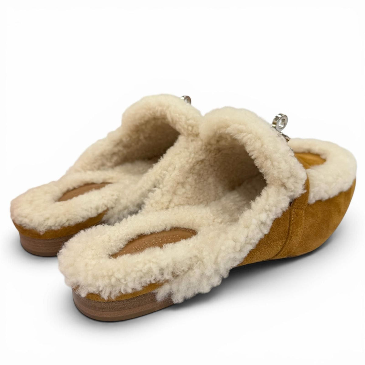 Hermes Oz Sheepskin Silver Kelly Buckle Shearling Mules Brown Box 37.5 — view 3