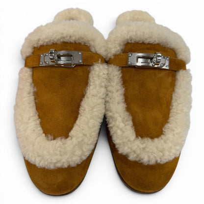 Hermes Oz Sheepskin Silver Kelly Buckle Shearling Mules Brown Box 37.5 — view 4