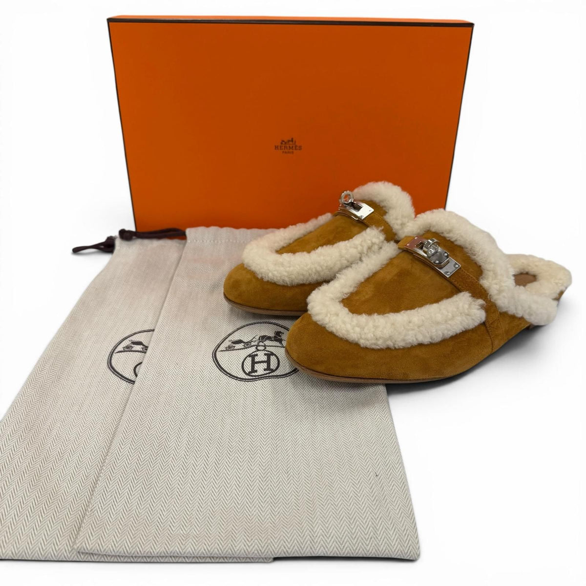 Hermes Oz Sheepskin Silver Kelly Buckle Shearling Mules Brown Box 37.5 — view 2