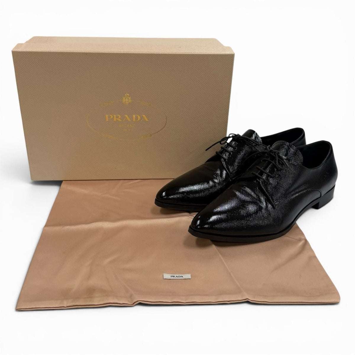 Prada Leather Pointed Toe Lace Up Shoes Dress Black — view 2