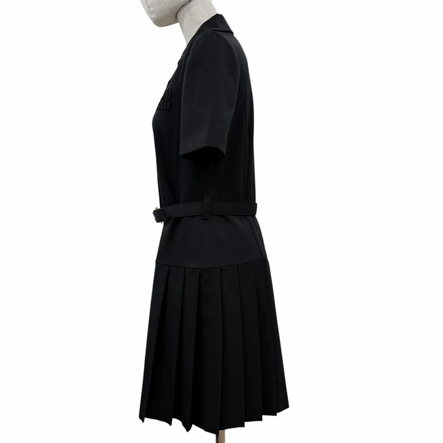 Miu Miu Virgin Wool Logo Belt Pleated Mini Dress Black 40 — view 2