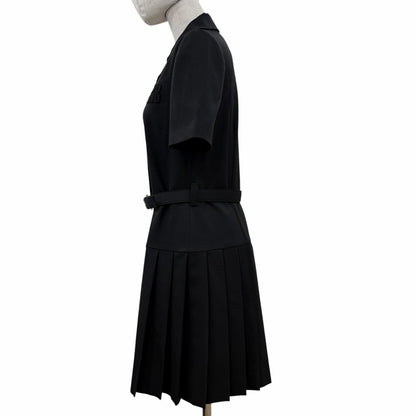 Miu Miu Virgin Wool Logo Belt Pleated Mini Dress Black 40 — view 2