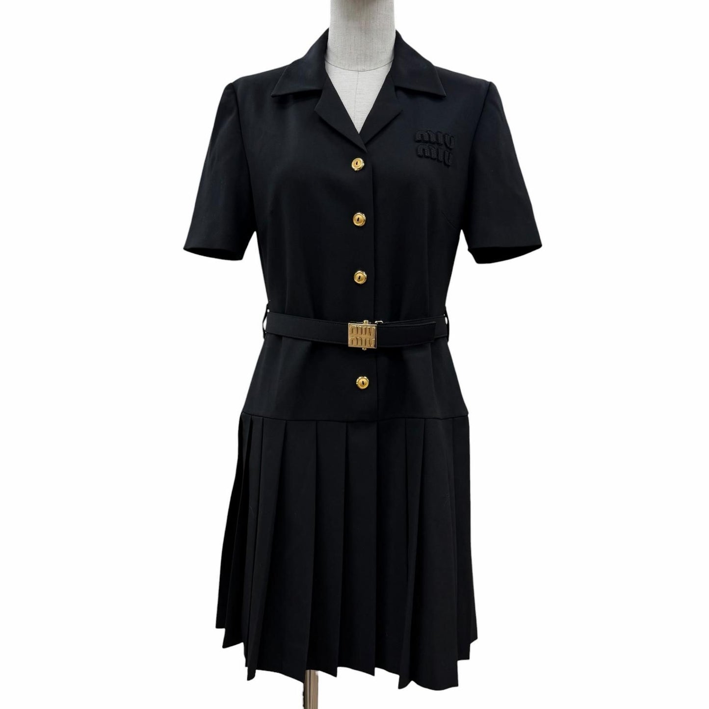 Miu Miu Virgin Wool Logo Belt Pleated Mini Dress Black 40