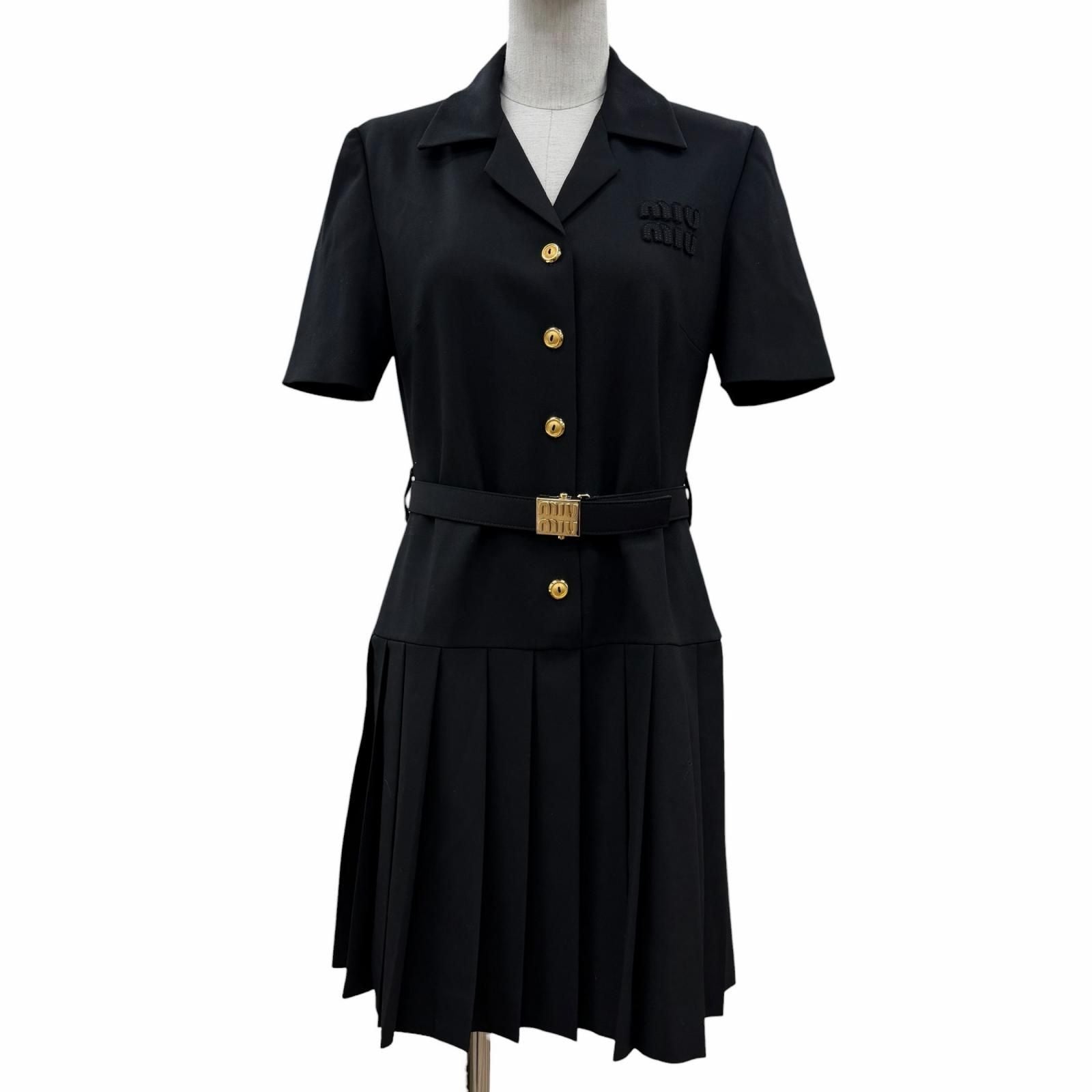 Miu Miu Virgin Wool Logo Belt Pleated Mini Dress Black 40