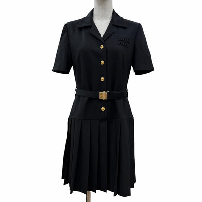 Miu Miu Virgin Wool Logo Belt Pleated Mini Dress Black 40