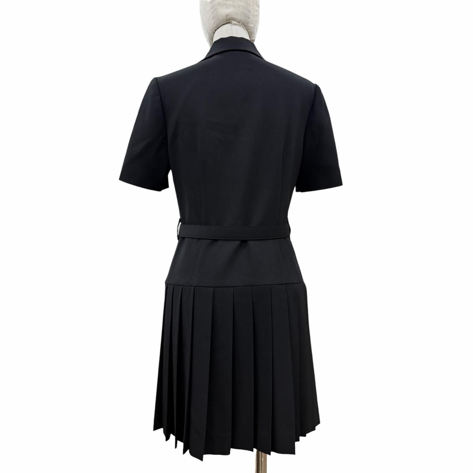 Miu Miu Virgin Wool Logo Belt Pleated Mini Dress Black 40 — view 3