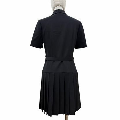Miu Miu Virgin Wool Logo Belt Pleated Mini Dress Black 40 — view 3