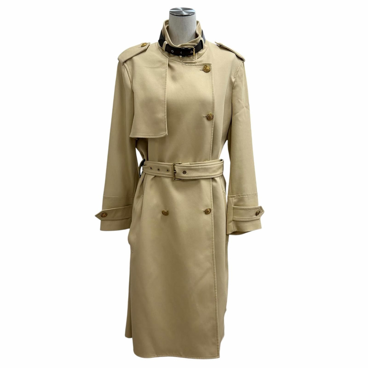 Louis Vuitton Wool Blend LV Logo Gold Button Belt Color Trench Coat Beige 38