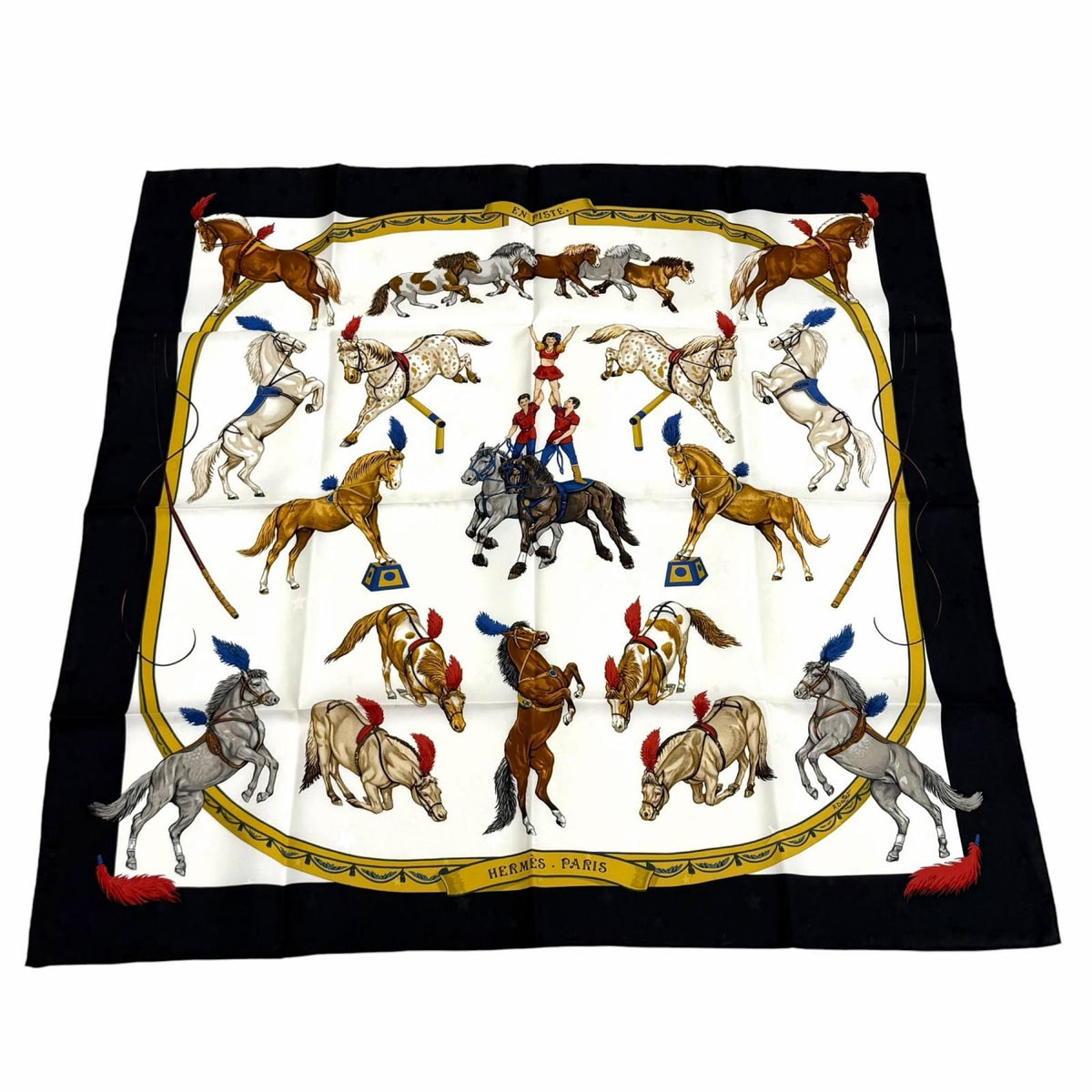 Hermes Carre 90 En Piste On Stage 100% Silk Scarf White Black