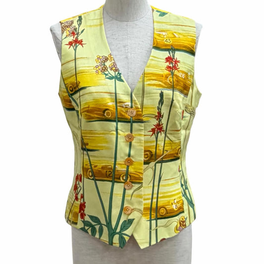 Hermes Vintage Flower Car Silk Vest Top Yellow 38