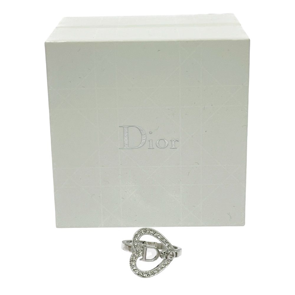 Dior Metal Rhinestone Heart Logo Ring Silver