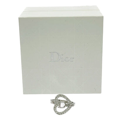 Dior Metal Rhinestone Heart Logo Ring Silver