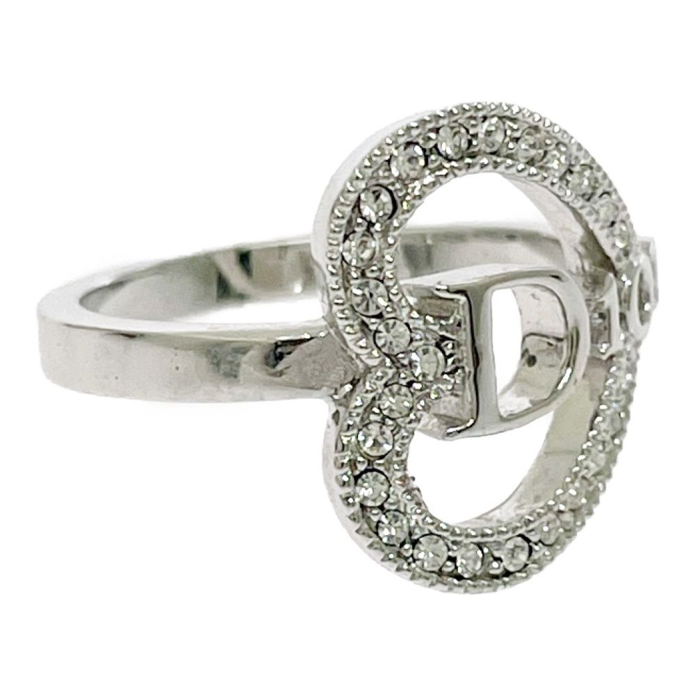 Dior Metal Rhinestone Heart Logo Ring Silver — view 3