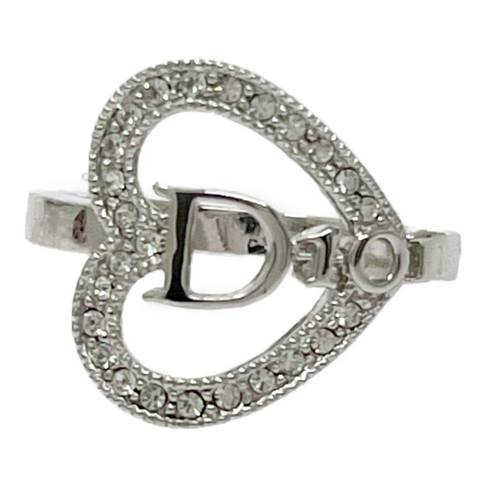 Dior Metal Rhinestone Heart Logo Ring Silver — view 2