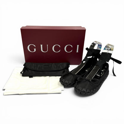 Gucci Satin Interlocking G Ribbon Lace Up Ballet Shoes Black Box 36 — view 2