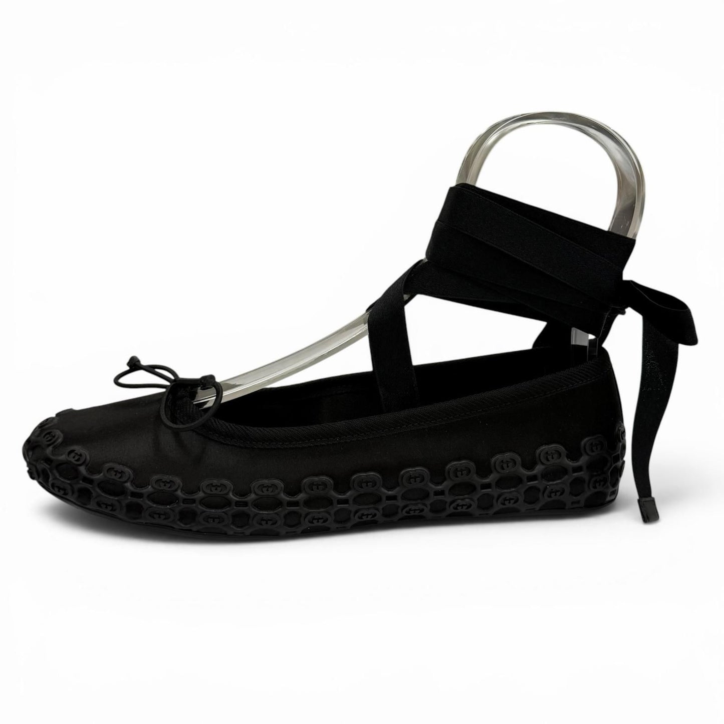 Gucci Satin Interlocking G Ribbon Lace Up Ballet Shoes Black Box 36 — view 6