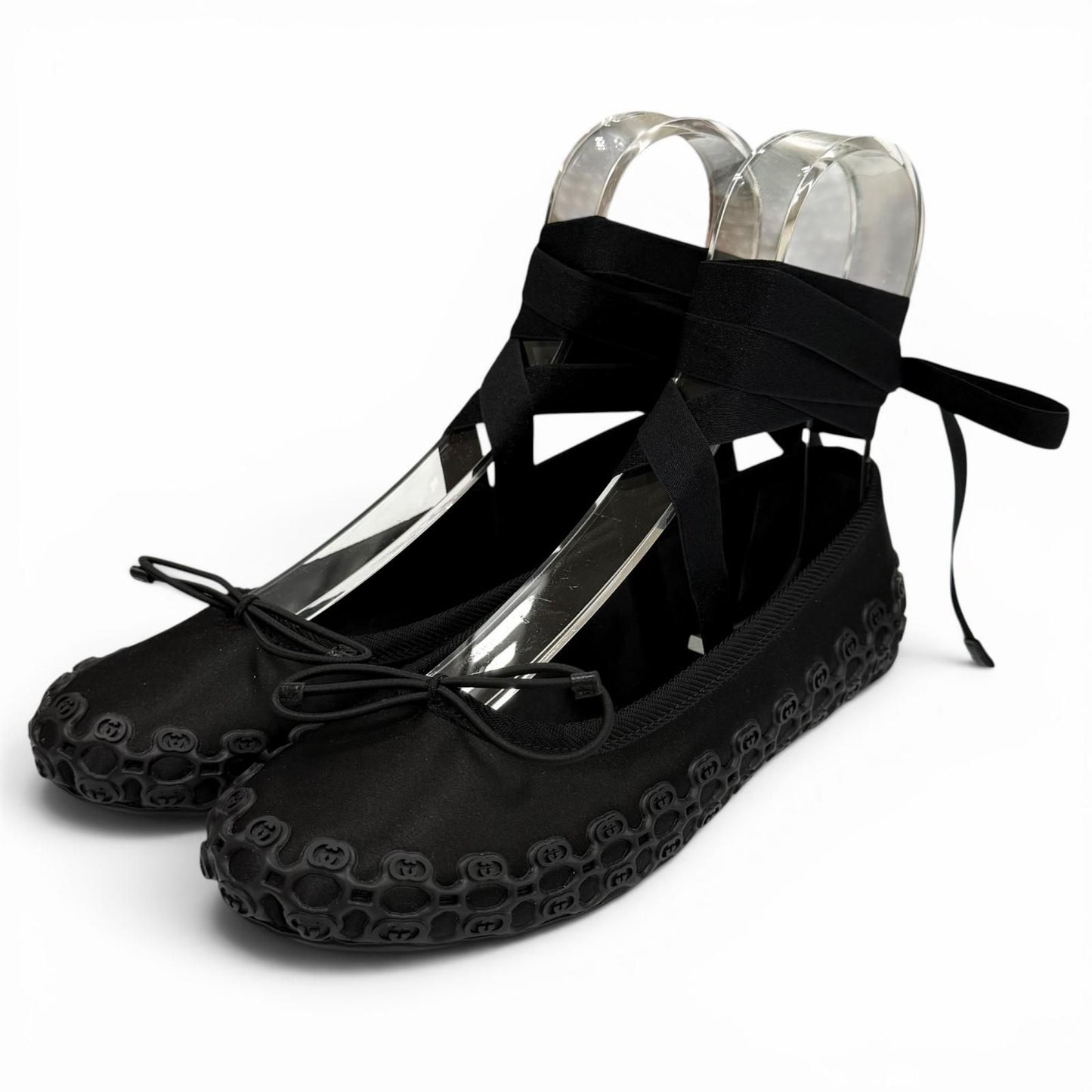 Gucci Satin Interlocking G Ribbon Lace Up Ballet Shoes Black Box 36