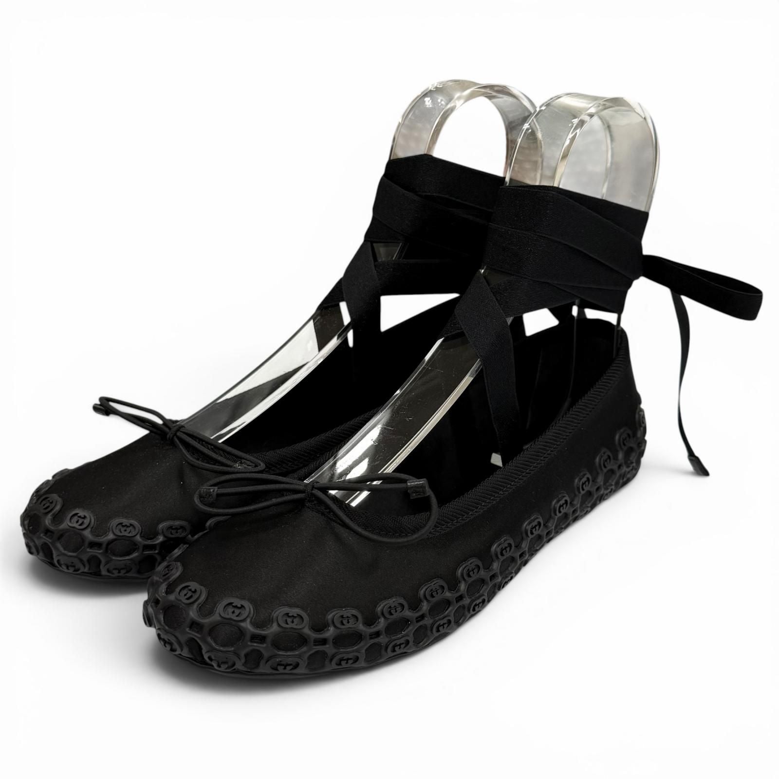 Gucci Satin Interlocking G Ribbon Lace Up Ballet Shoes Black Box 36