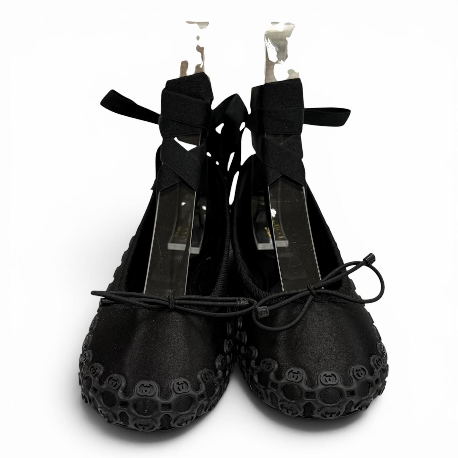 Gucci Satin Interlocking G Ribbon Lace Up Ballet Shoes Black Box 36 — view 5