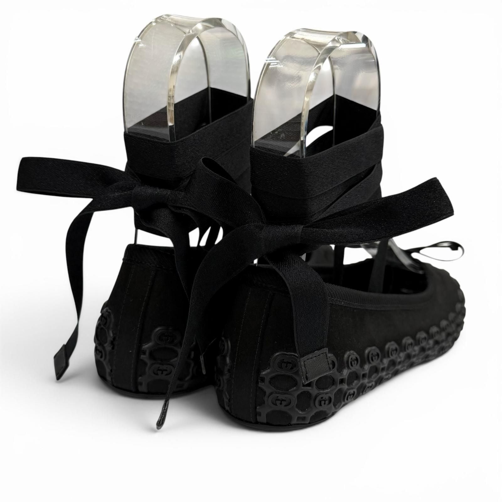 Gucci Satin Interlocking G Ribbon Lace Up Ballet Shoes Black Box 36 — view 4