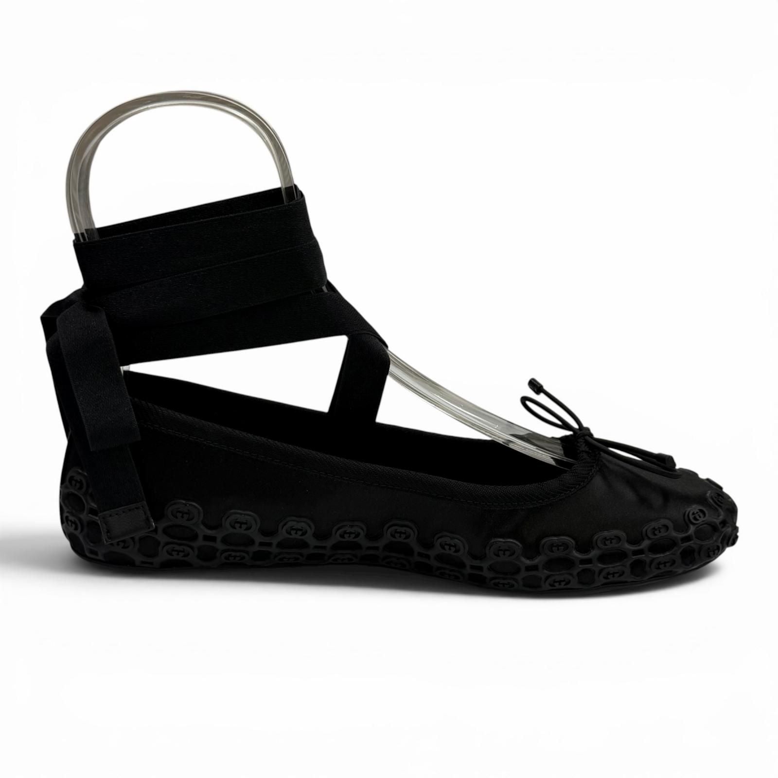 Gucci Satin Interlocking G Ribbon Lace Up Ballet Shoes Black Box 36 — view 7