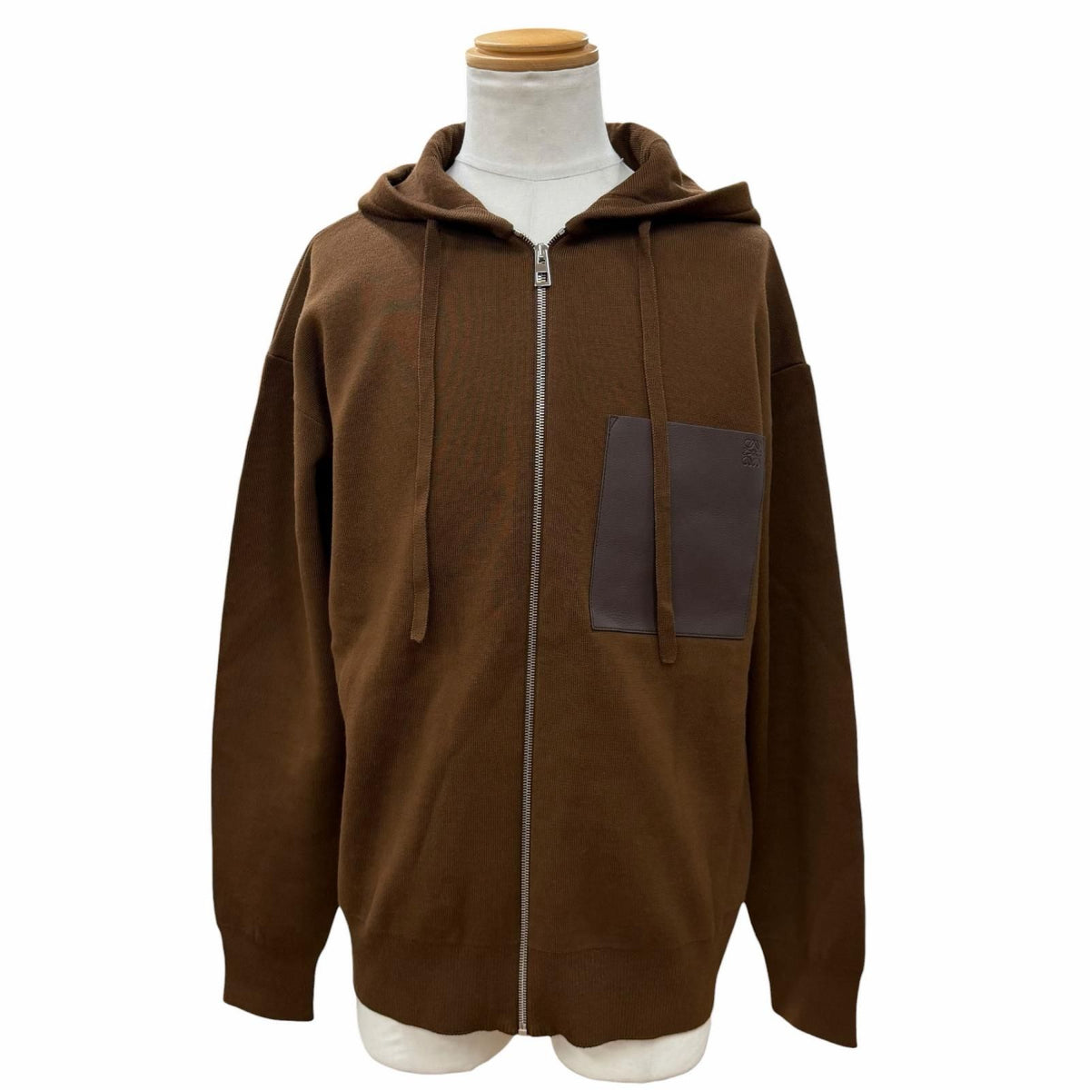 Loewe 98% Wool Anagram Logo Leather Zip Hoodie Brown