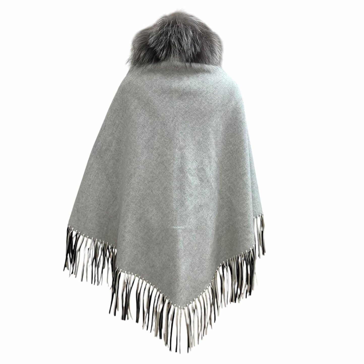 Fendi Fox Fur Trimmed Leather with Fringe Cape Poncho Light Gray — view 4
