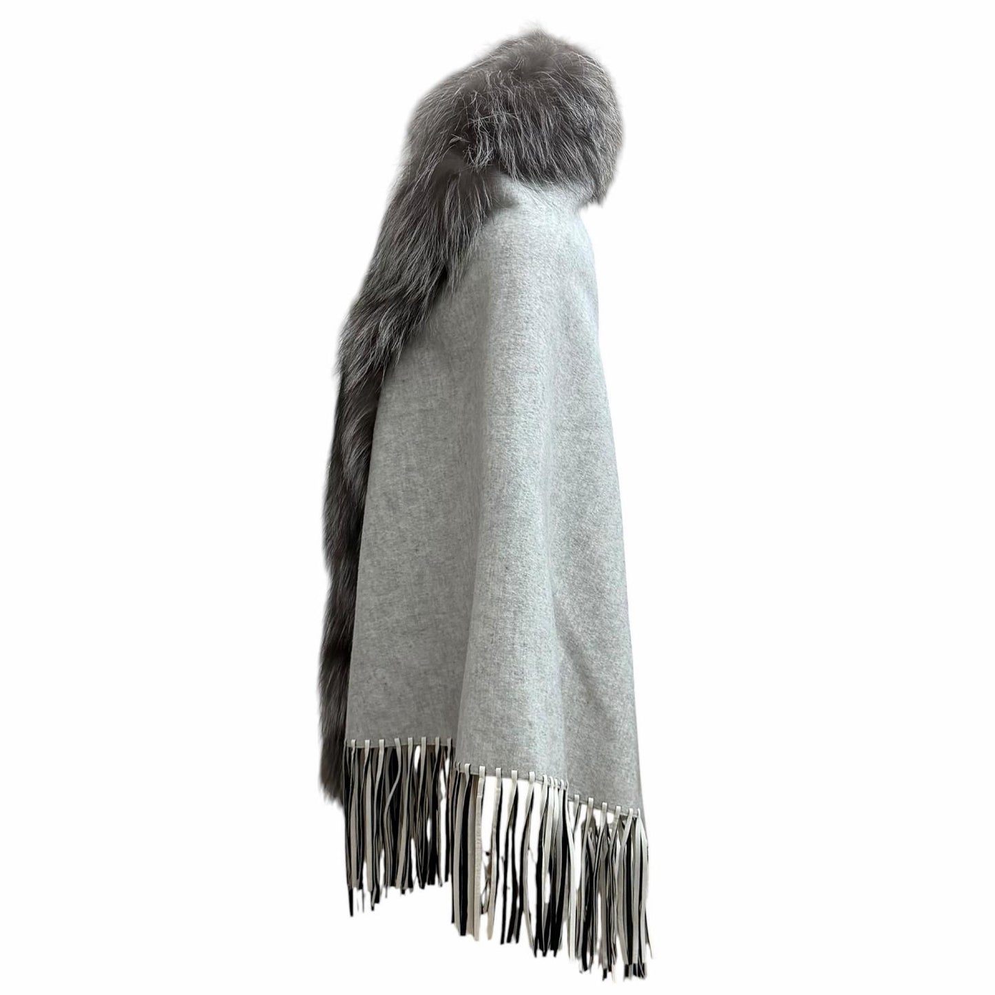 Fendi Fox Fur Trimmed Leather with Fringe Cape Poncho Light Gray — view 3