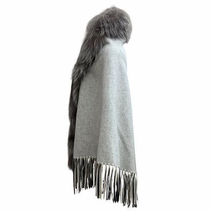 Fendi Fox Fur Trimmed Leather with Fringe Cape Poncho Light Gray — view 3