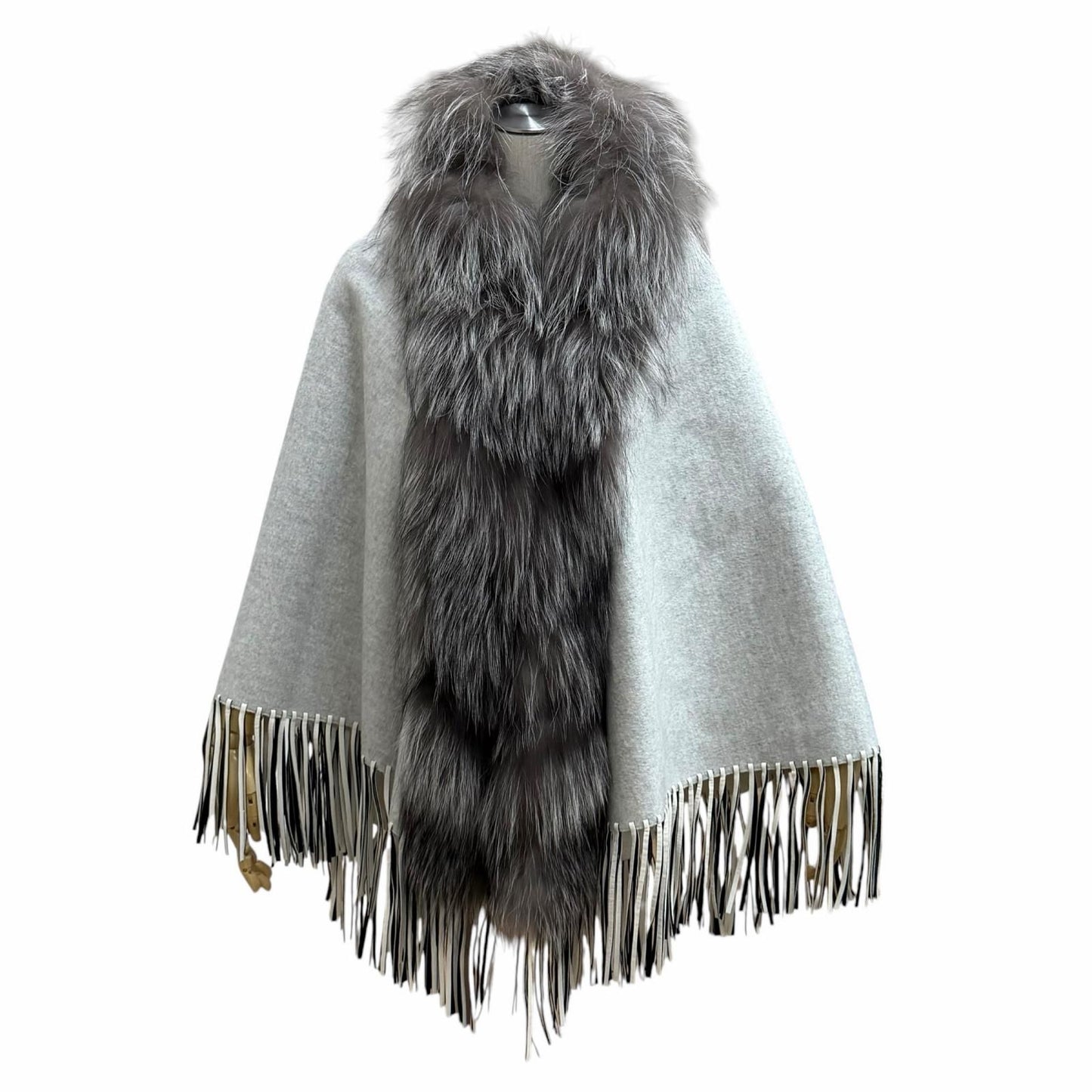 Fendi Fox Fur Trimmed Leather with Fringe Cape Poncho Light Gray