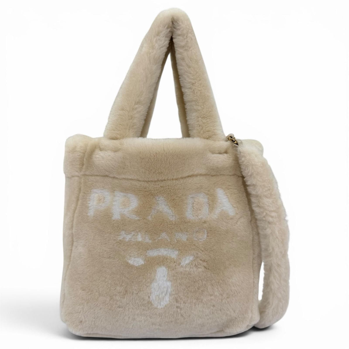 Prada Terry Shearling Tote Sheepskin Triangle Logo Pouch 2-Way Shoulder Bag — view 2